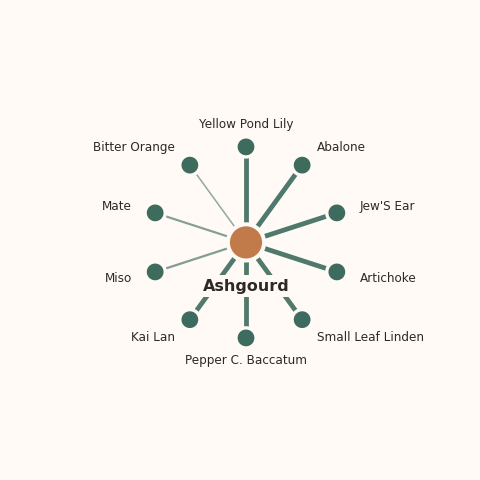 Molecular neighborhood diagram of ashgourd — top 10 ingredients ranked by shared volatile compounds