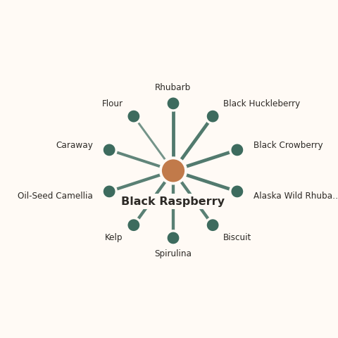 Molecular neighborhood diagram of black raspberry — top 10 ingredients ranked by shared volatile compounds