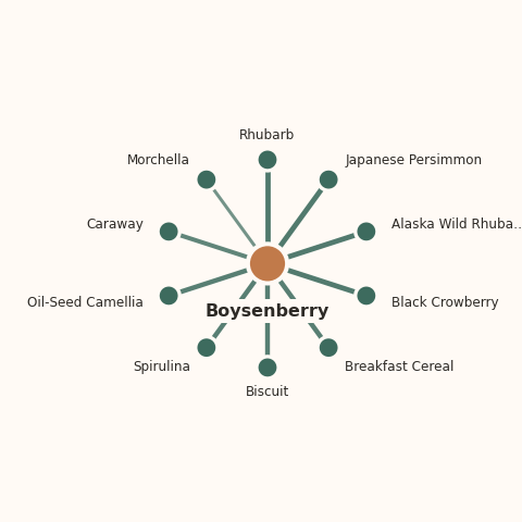 Molecular neighborhood diagram of boysenberry — top 10 ingredients ranked by shared volatile compounds