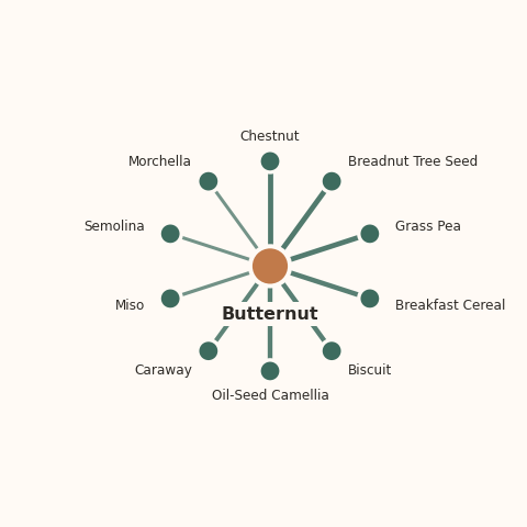Molecular neighborhood diagram of butternut — top 10 ingredients ranked by shared volatile compounds