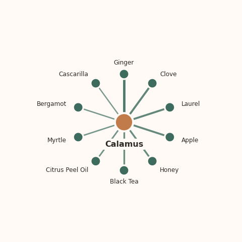 Molecular neighborhood diagram of calamus — top 10 ingredients ranked by shared volatile compounds
