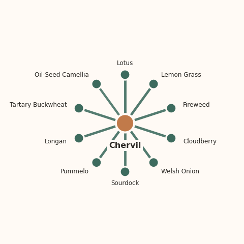 Molecular neighborhood diagram of chervil — top 10 ingredients ranked by shared volatile compounds