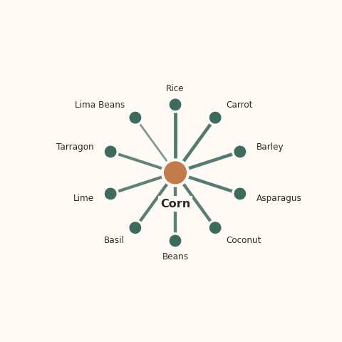 Molecular neighborhood diagram of corn — top 10 ingredients ranked by shared volatile compounds