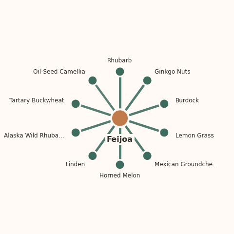 Molecular neighborhood diagram of feijoa — top 10 ingredients ranked by shared volatile compounds