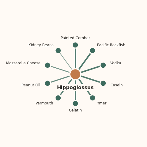 Molecular neighborhood diagram of hippoglossus — top 10 ingredients ranked by shared volatile compounds