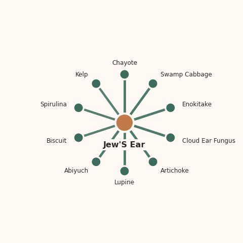 Molecular neighborhood diagram of jew's ear — top 10 ingredients ranked by shared volatile compounds