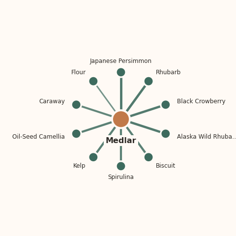 Molecular neighborhood diagram of medlar — top 10 ingredients ranked by shared volatile compounds