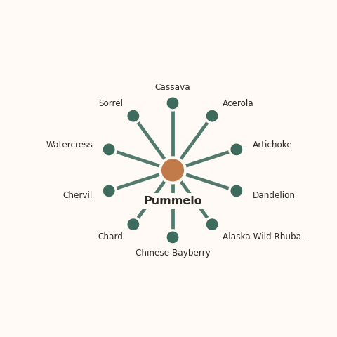 Molecular neighborhood diagram of pummelo — top 10 ingredients ranked by shared volatile compounds