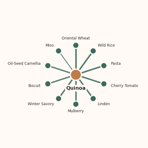 Molecular neighborhood diagram of quinoa — top 10 ingredients ranked by shared volatile compounds