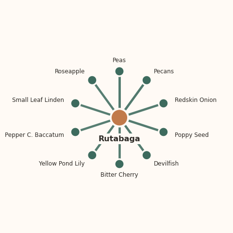 Molecular neighborhood diagram of rutabaga — top 10 ingredients ranked by shared volatile compounds