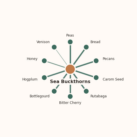 Molecular neighborhood diagram of sea buckthorns — top 10 ingredients ranked by shared volatile compounds
