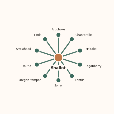 Molecular neighborhood diagram of shallot — top 10 ingredients ranked by shared volatile compounds