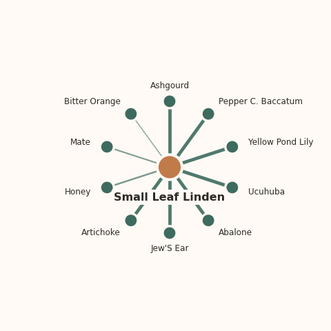 Molecular neighborhood diagram of small leaf linden — top 10 ingredients ranked by shared volatile compounds