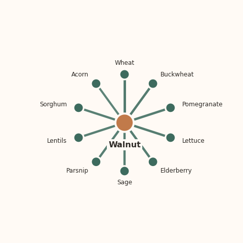 Molecular neighborhood diagram of walnut — top 10 ingredients ranked by shared volatile compounds