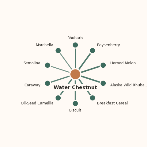 Molecular neighborhood diagram of water chestnut — top 10 ingredients ranked by shared volatile compounds