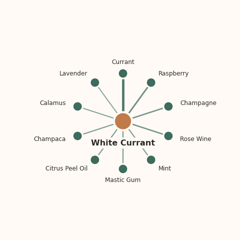Molecular neighborhood diagram of white currant — top 10 ingredients ranked by shared volatile compounds