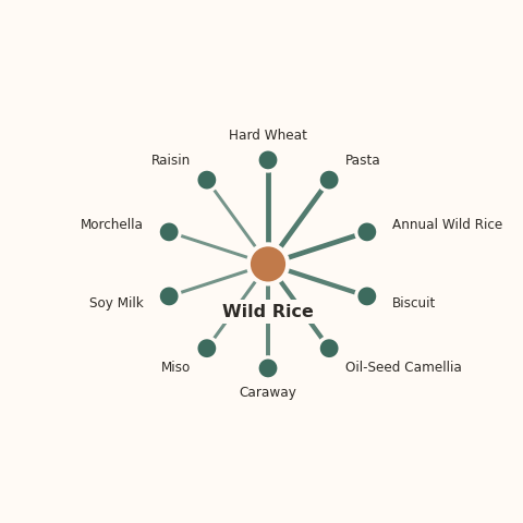 Molecular neighborhood diagram of wild rice — top 10 ingredients ranked by shared volatile compounds