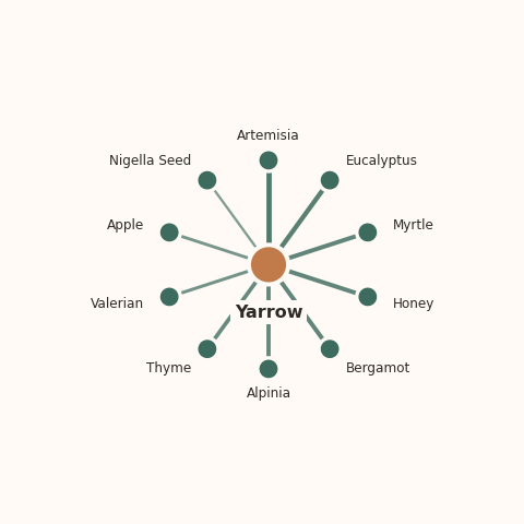 Molecular neighborhood diagram of yarrow — top 10 ingredients ranked by shared volatile compounds